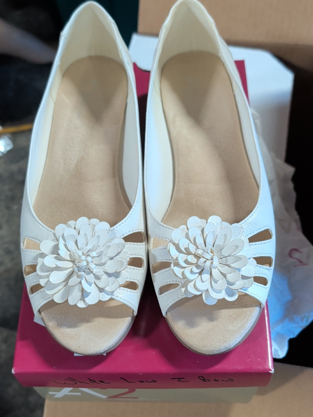 A2 by Aerosoles Women’s White Floral Peep-Toe Low Heel Shoes